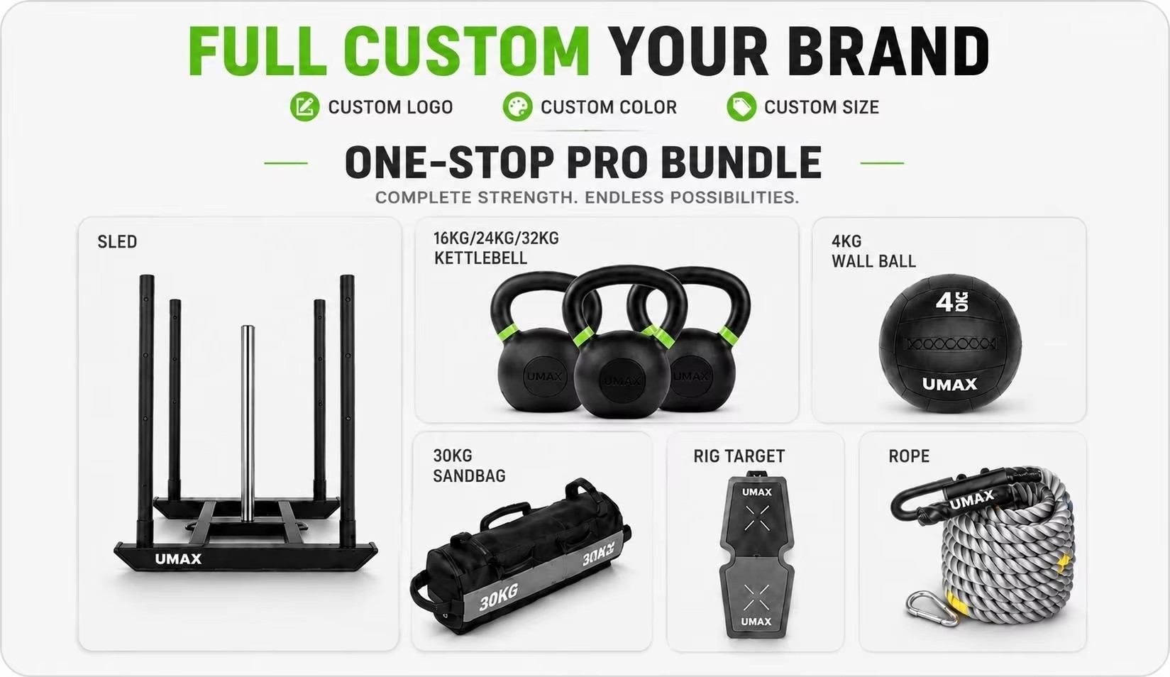 UMAX functional training equipment package with sled kettlebells wall ball sandbag and rope