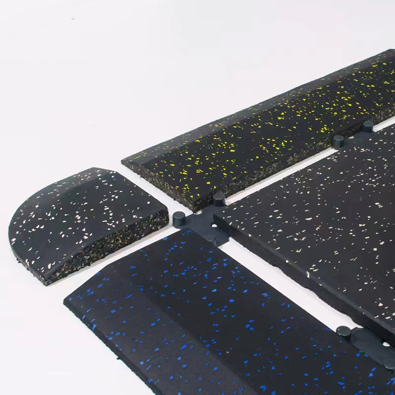 Rubber gym tiles shown with a connector system