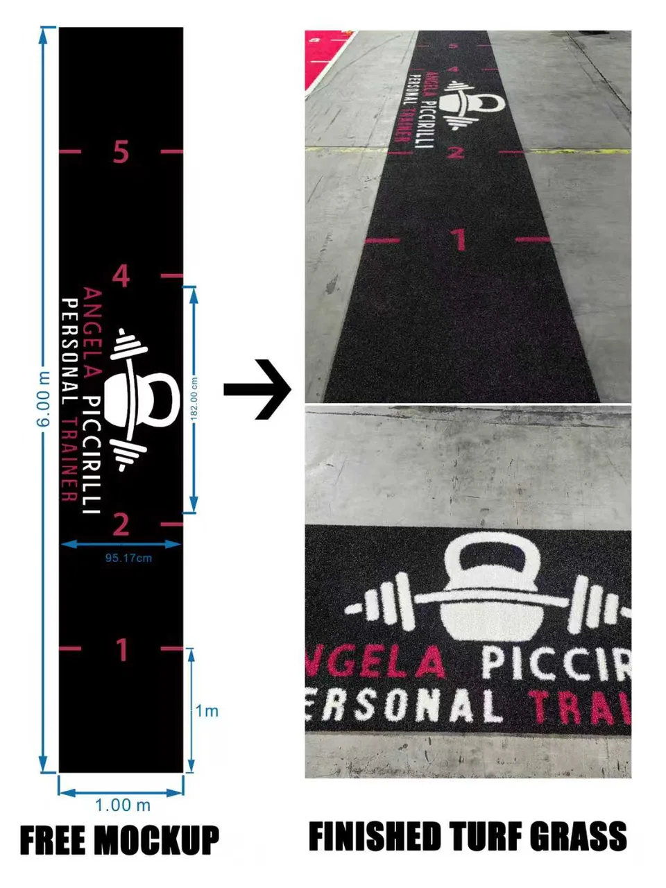 Black and pink personal training turf mockup beside the finished custom turf lane