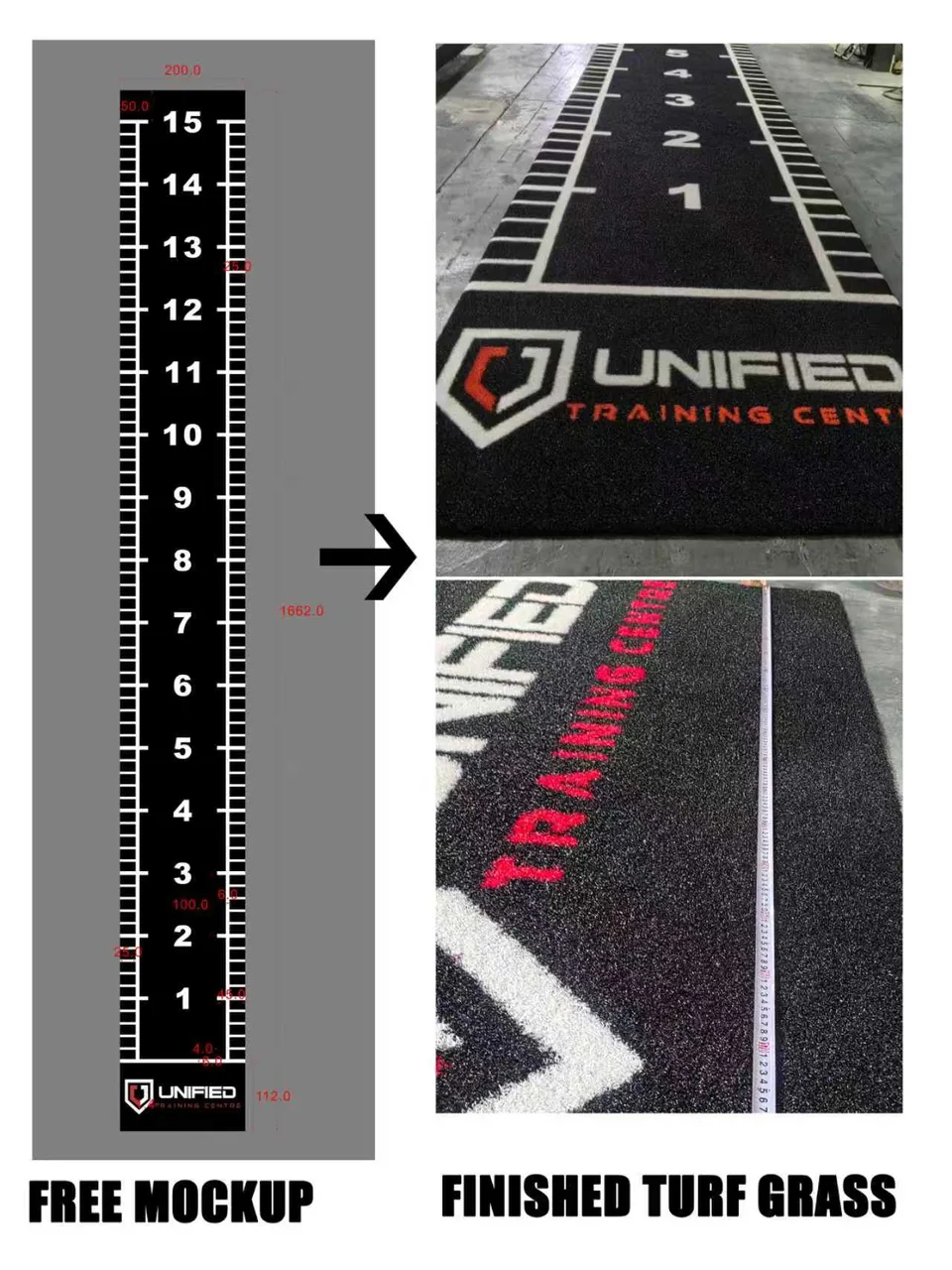 Long numbered commercial gym turf design beside the completed black white and red lane
