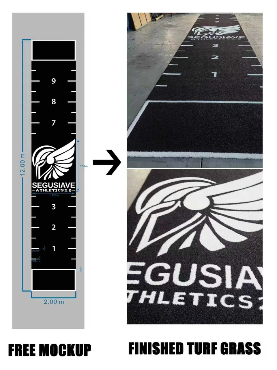 Athletics logo sled track layout beside the finished black and white custom gym turf