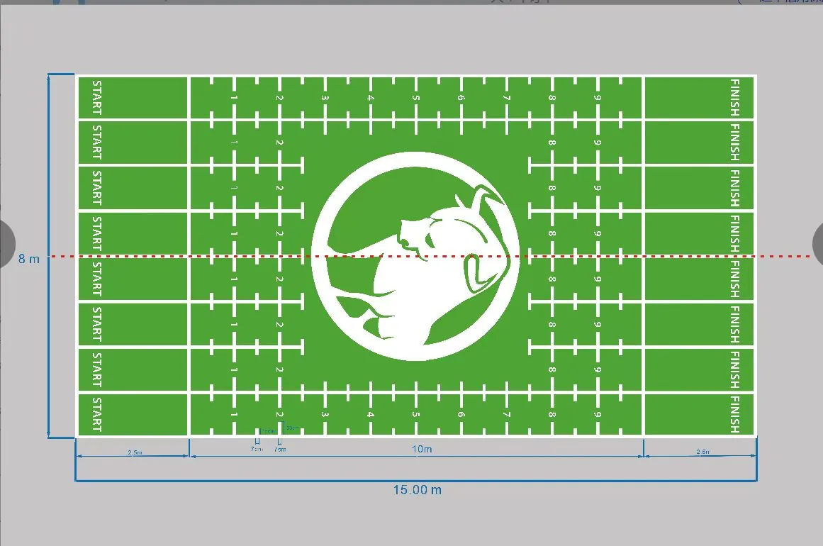 Production artwork for a large green custom gym turf area with a central logo and multiple lanes