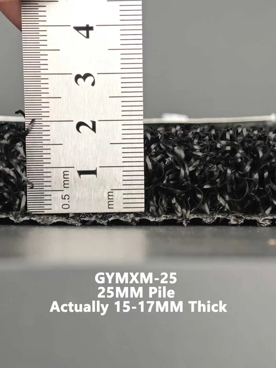 Ruler measurement of a nominal 25mm gym turf sample