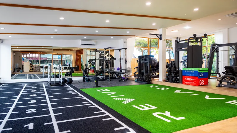 Commercial gym sled track with custom turf and strength equipment
