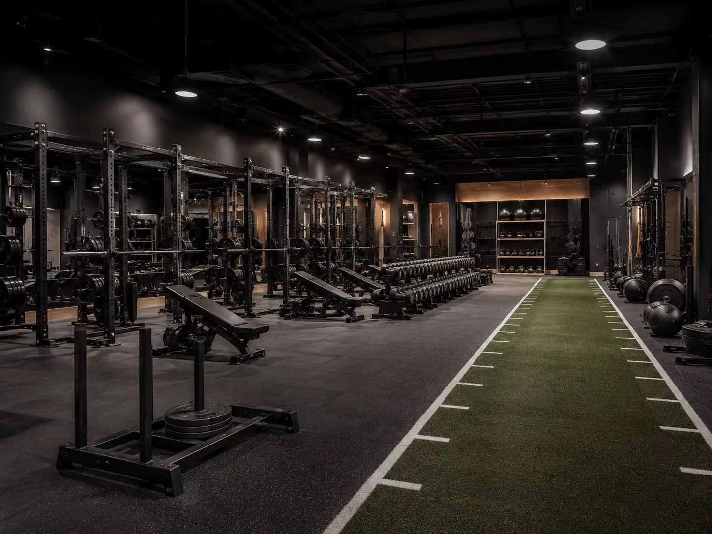 Commercial gym training zone with turf and rubber flooring
