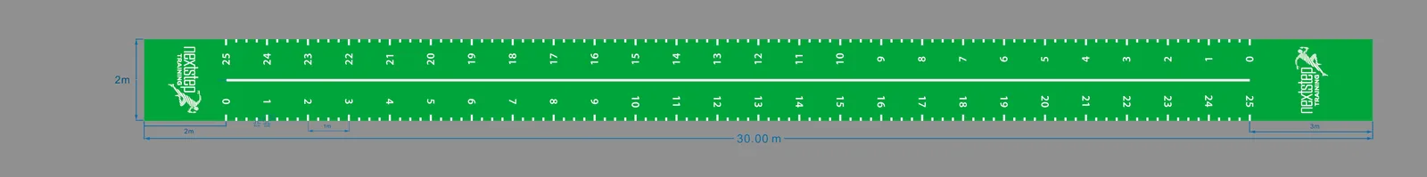 Approved 30m by 2m green custom gym turf artwork with two-direction numbers and woven end logos