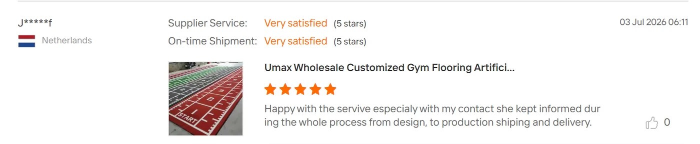 Five-star customer review for the Netherlands 30m custom gym turf project