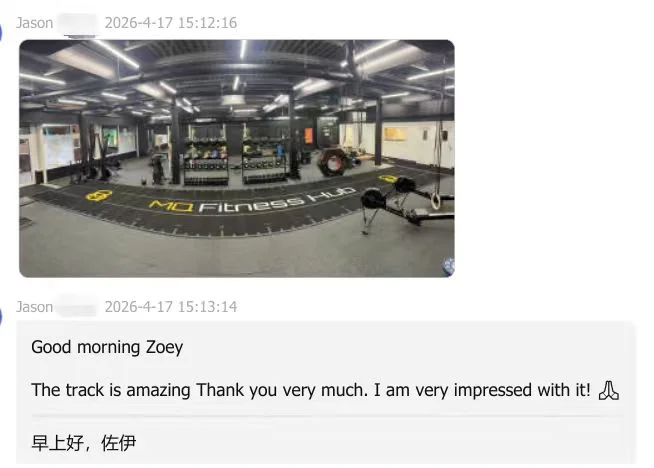 Customer message praising the installed UK custom gym turf track