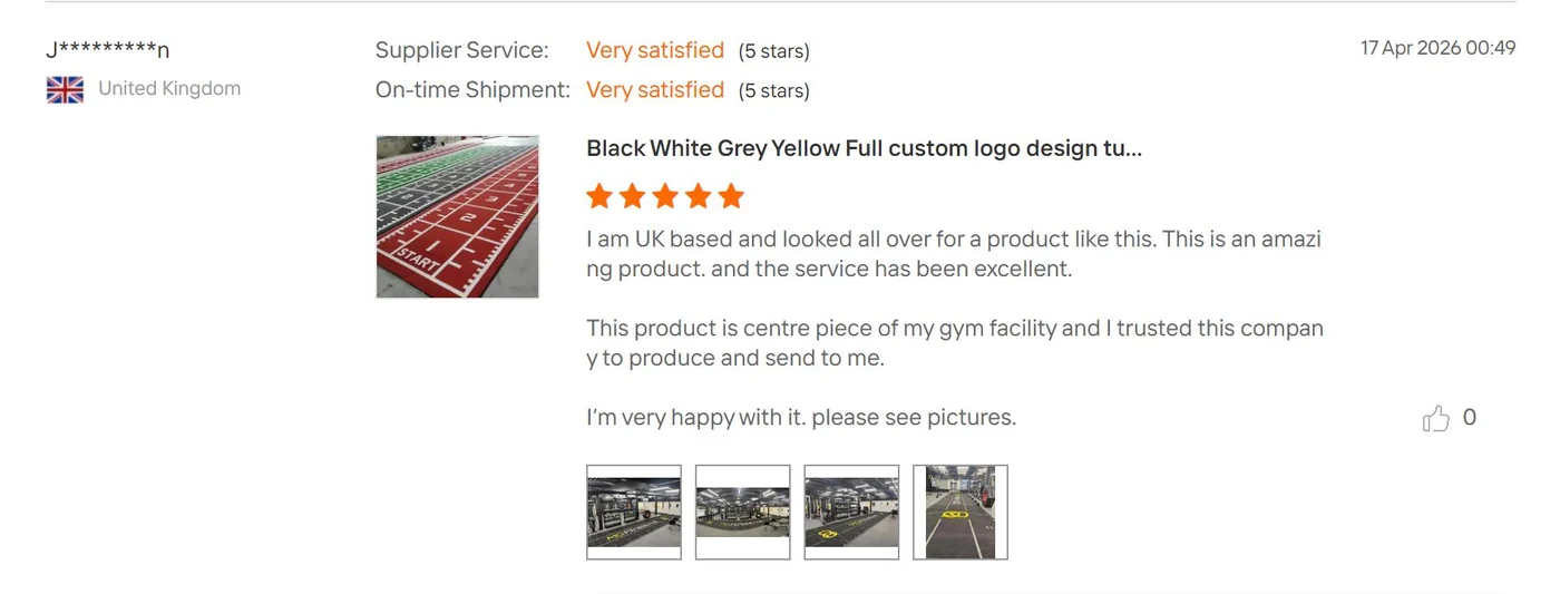 Five-star customer review for the black custom gym turf supplied to the United Kingdom