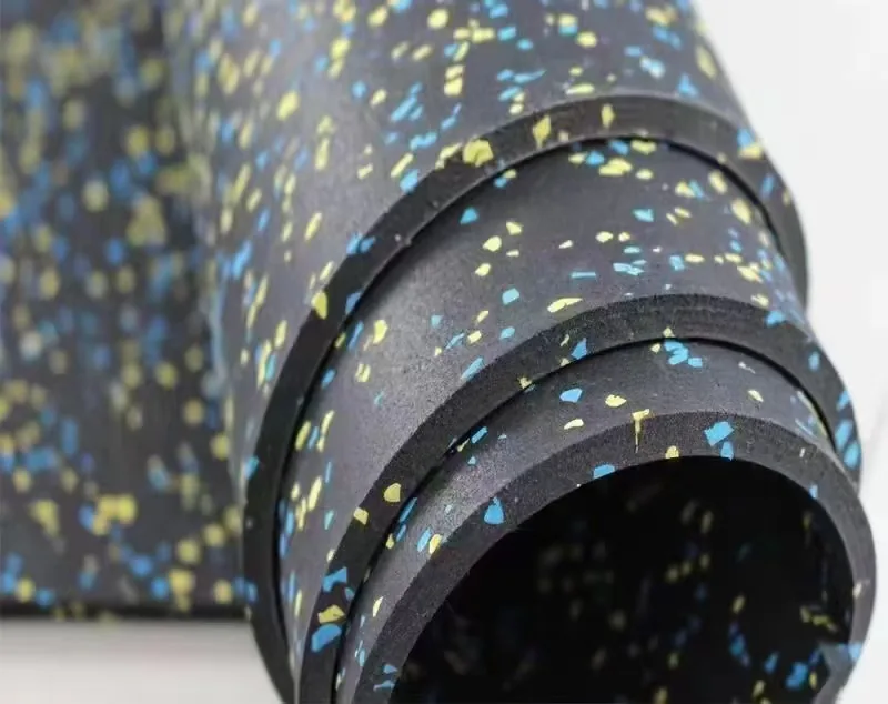 Close-up of commercial rubber flooring roll thickness and EPDM speckled surface